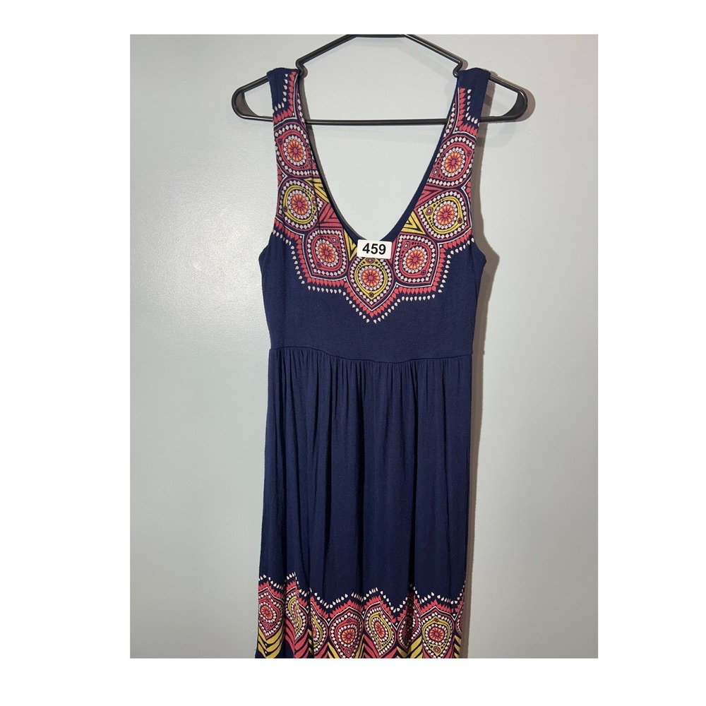 Boho Navy Blue Mandala Print V-Neck Sleeveless Empire Waist Mini Dress Womens